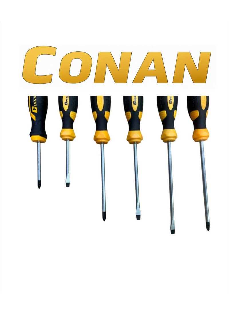 Conan 6-Piece CONAN Professional Screwdriver Set (Flat 6×125mm – Model 10005702 + Phillips PH6×125mm – Model 10005701 + Flat 5×75mm – Model 10005698 + Phillips PH5×75mm – Model 10005697 + Phillips 6×150mm – Model 10005703 + Flat 6×150mm – Model 10005704) – Cr-V Steel – Anti-Slip Comfort Grip - Image 2