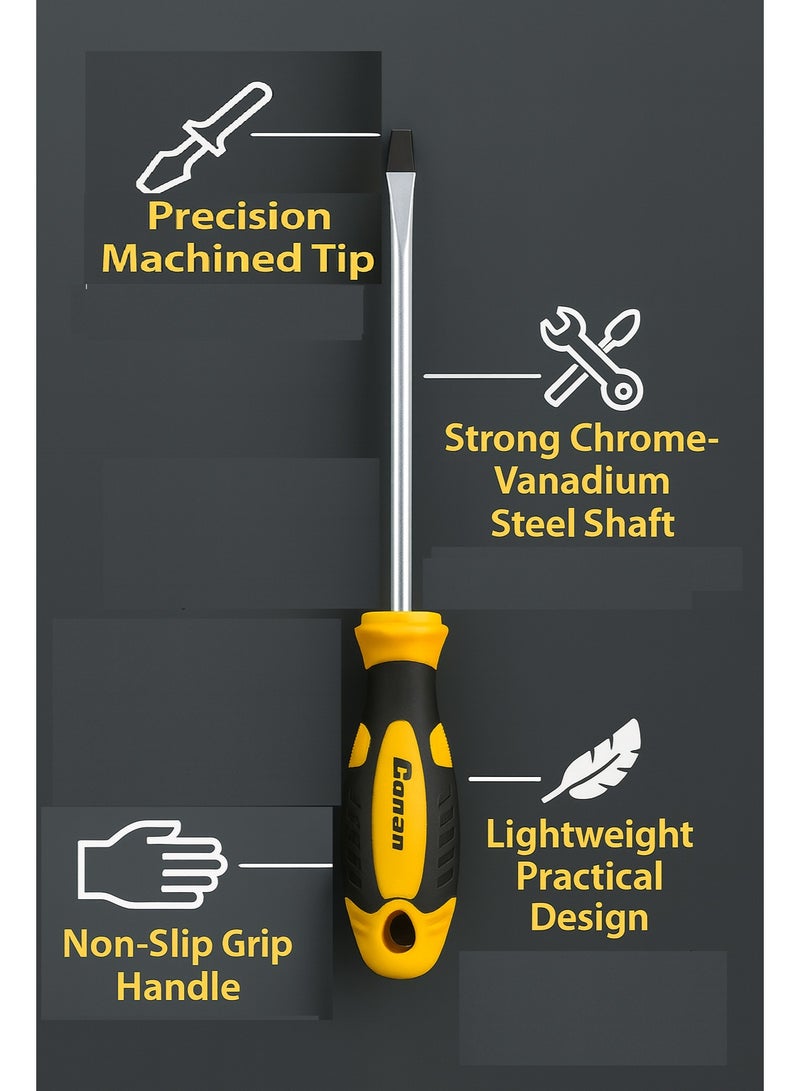 Conan 6-Piece CONAN Professional Screwdriver Set (Flat 6×125mm – Model 10005702 + Phillips PH6×125mm – Model 10005701 + Flat 5×75mm – Model 10005698 + Phillips PH5×75mm – Model 10005697 + Phillips 6×150mm – Model 10005703 + Flat 6×150mm – Model 10005704) – Cr-V Steel – Anti-Slip Comfort Grip - Image 3