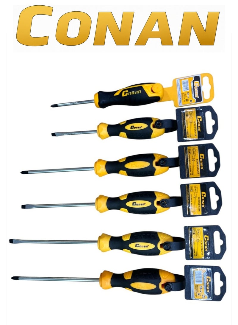 Conan 6-Piece CONAN Professional Screwdriver Set (Flat 6×125mm – Model 10005702 + Phillips PH6×125mm – Model 10005701 + Flat 5×75mm – Model 10005698 + Phillips PH5×75mm – Model 10005697 + Phillips 6×150mm – Model 10005703 + Flat 6×150mm – Model 10005704) – Cr-V Steel – Anti-Slip Comfort Grip - Image 4