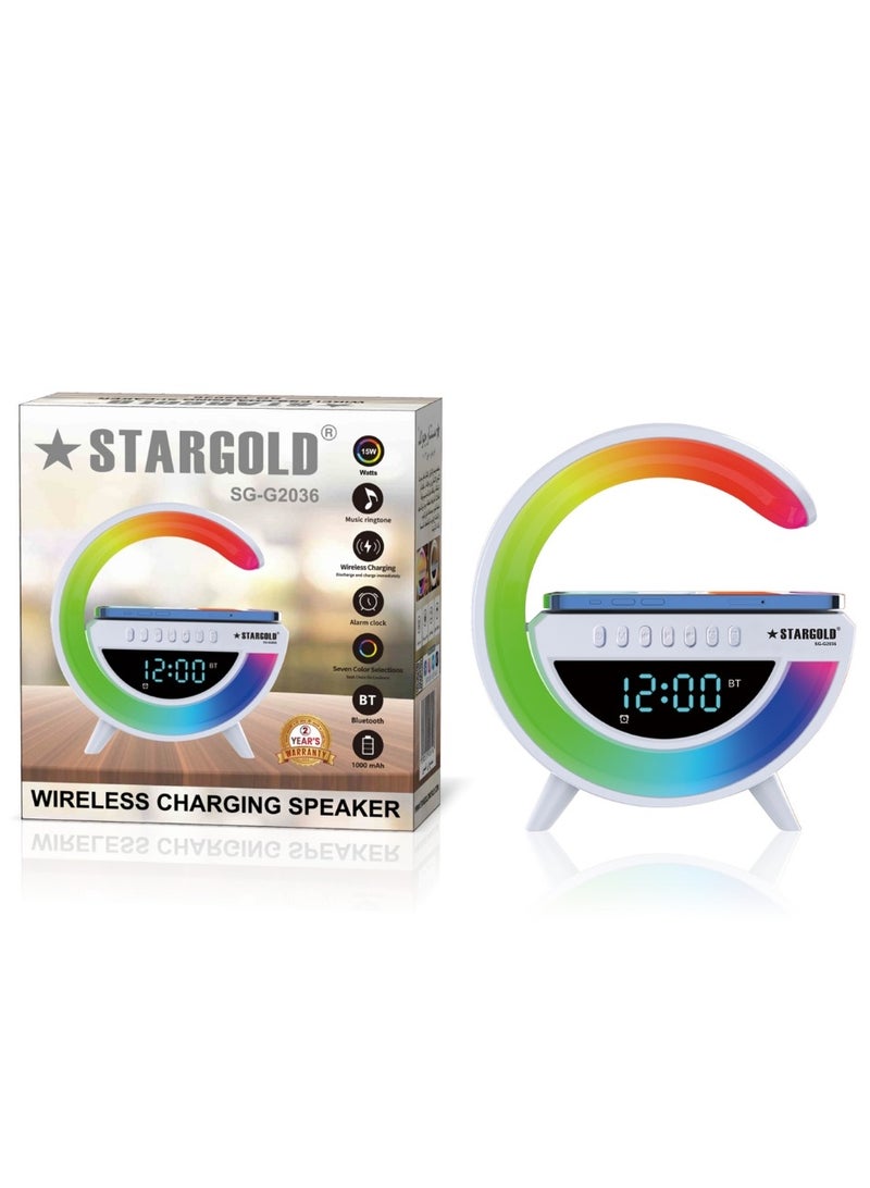 ستارجولد مكبر صوت شحن لاسلكي، وسادة شحن لاسلكية مع بلوتوث، ساعة منبه، إضاءة ليلية LED بـ 7 ألوان، مخرج طاقة 15 وات، بطارية 1000 مللي أمبير في الساعة - Image 2