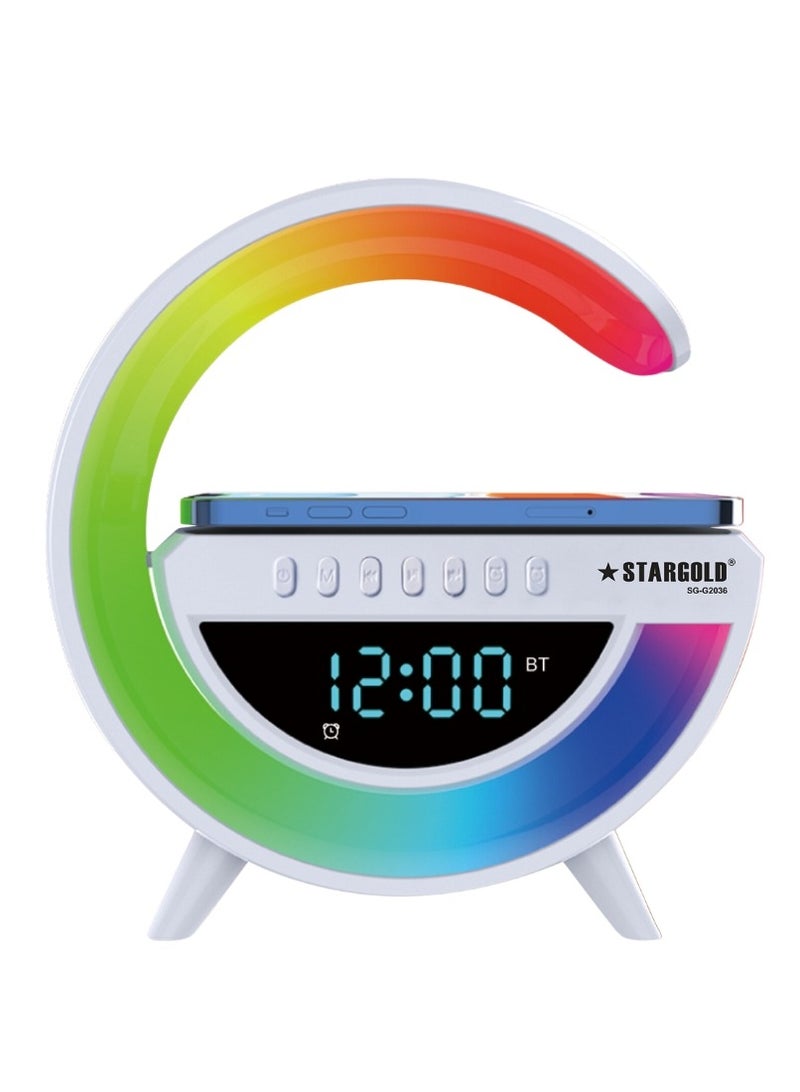 ستارجولد مكبر صوت شحن لاسلكي، وسادة شحن لاسلكية مع بلوتوث، ساعة منبه، إضاءة ليلية LED بـ 7 ألوان، مخرج طاقة 15 وات، بطارية 1000 مللي أمبير في الساعة - Image 1