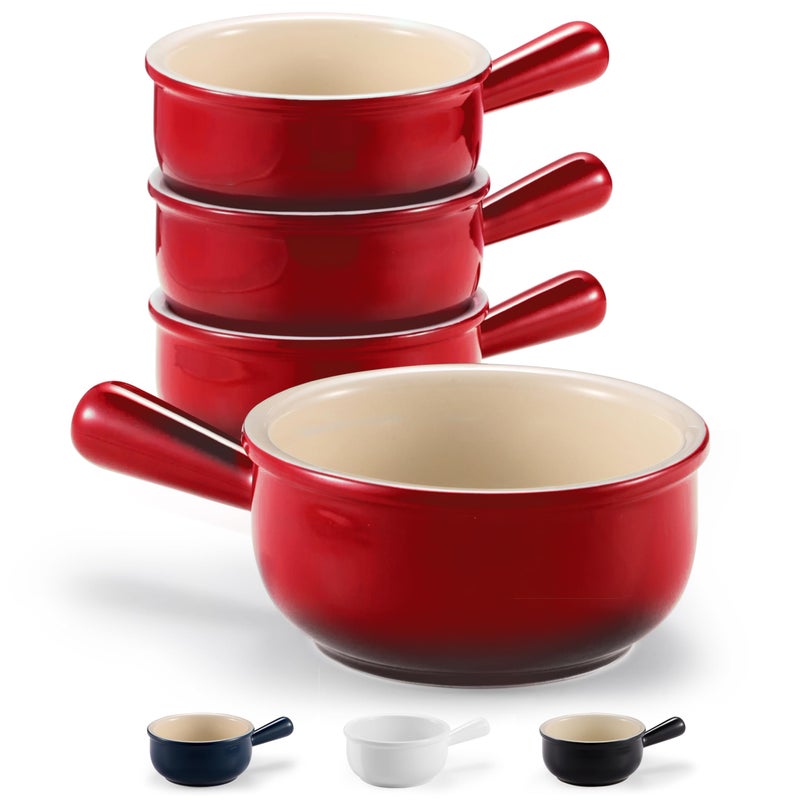 KooK French Onion Soup Bowls French Onion Crocks Bowl with Handles 15 oz Set of 4 Ceramic Bowls Microwave Dishwasher Safe  Oven safe Stoneware Red Ombre