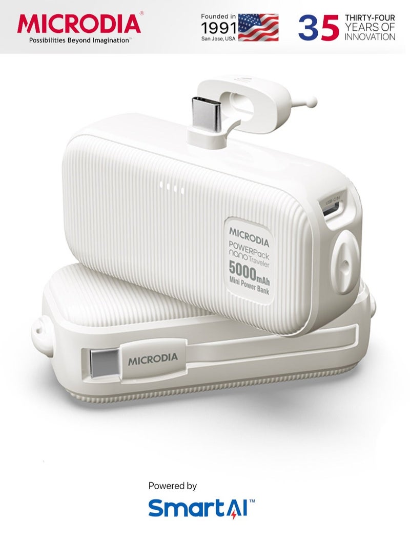 MICRODIA 2-in-1 PowerPack Traveler 5000mAh Mini Power Bank, 20W Built-in USB C Cable & Connector, Pocket Size Travel Charger for iPhone, Samsung & Android – White - Image 1