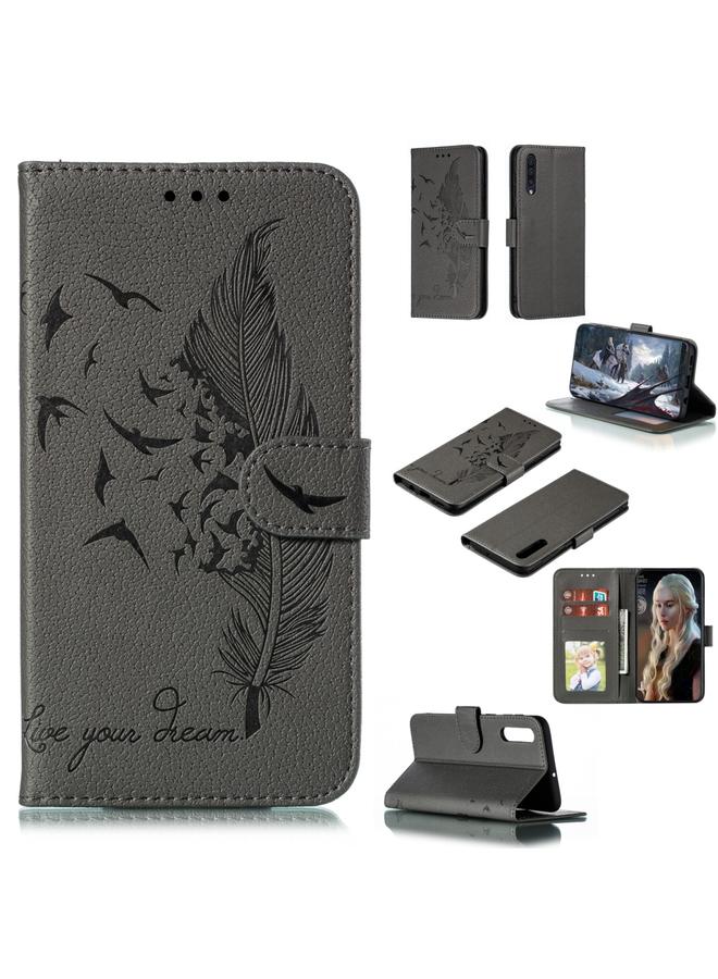 اس-توب جراب جلدي أفقي بتصميم ريشة من الليتشي مع محفظة وحامل وفتحات للبطاقات لهاتف Galaxy A50 - Image 1