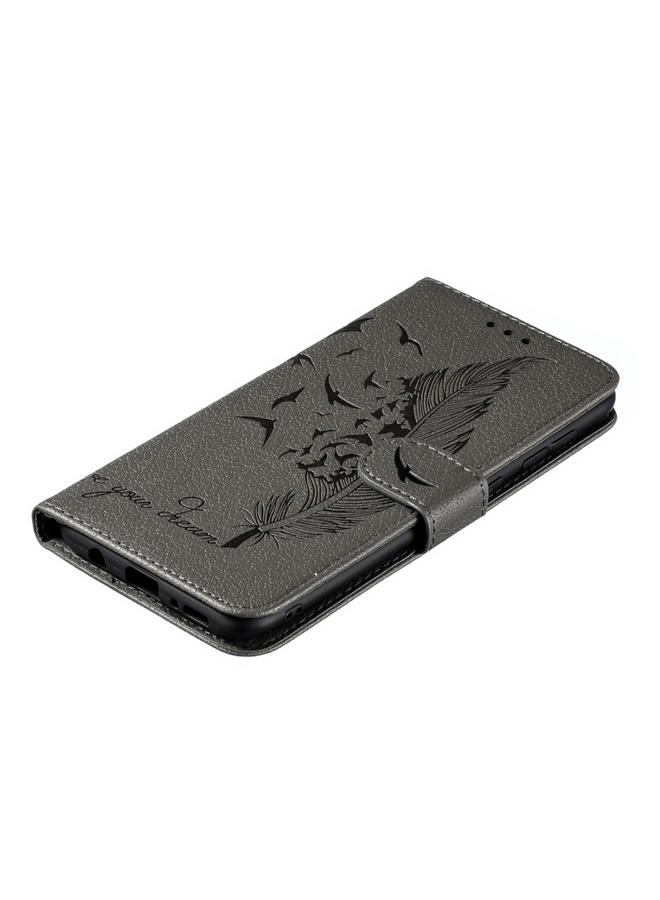 اس-توب جراب جلدي أفقي بتصميم ريشة من الليتشي مع محفظة وحامل وفتحات للبطاقات لهاتف Galaxy A50 - Image 5