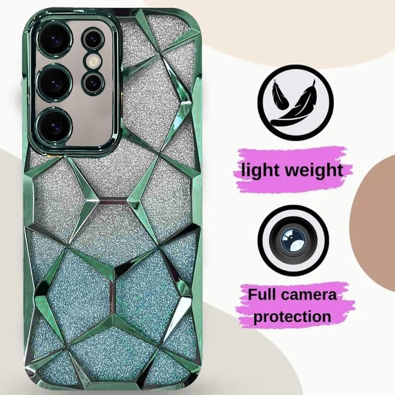 VONZEE Gradient Glitter Case for Samsung S24 Ultra, Luxury Electroplated 3D Cube, Diamond Bling Shiny Soft TPU Clear Shockproof Women Girls Protective Phone Cover (Green) - Image 2