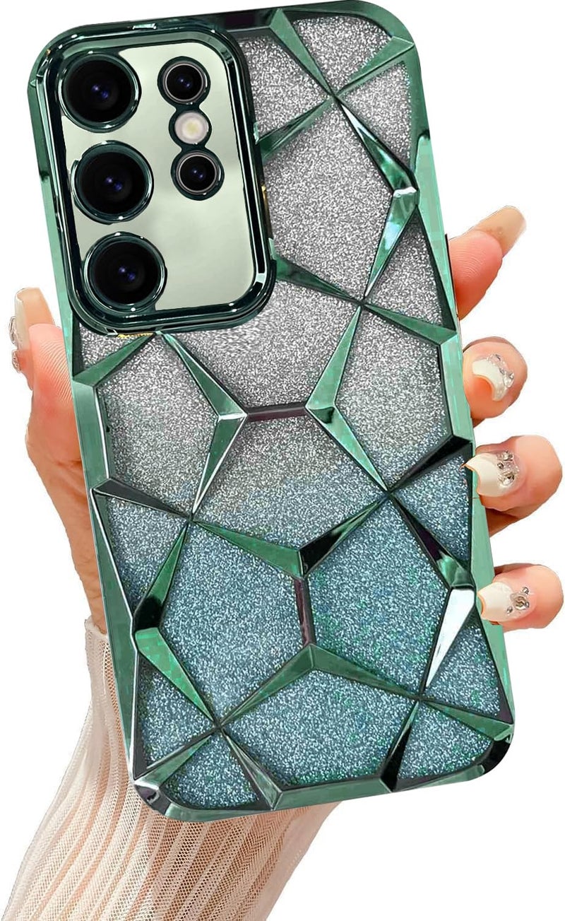 VONZEE Gradient Glitter Case for Samsung S24 Ultra, Luxury Electroplated 3D Cube, Diamond Bling Shiny Soft TPU Clear Shockproof Women Girls Protective Phone Cover (Green) - Image 1
