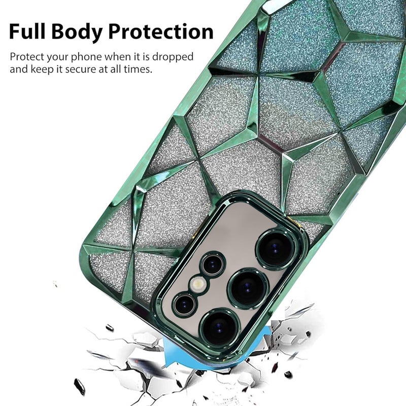VONZEE Gradient Glitter Case for Samsung S24 Ultra, Luxury Electroplated 3D Cube, Diamond Bling Shiny Soft TPU Clear Shockproof Women Girls Protective Phone Cover (Green) - Image 3