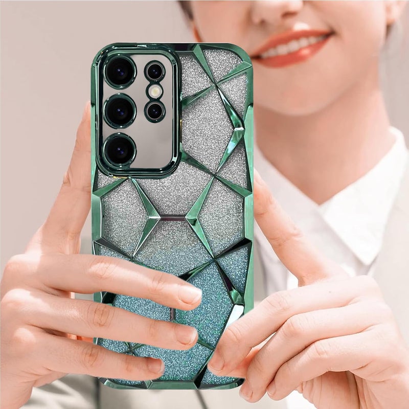 VONZEE Gradient Glitter Case for Samsung S24 Ultra, Luxury Electroplated 3D Cube, Diamond Bling Shiny Soft TPU Clear Shockproof Women Girls Protective Phone Cover (Green) - Image 5