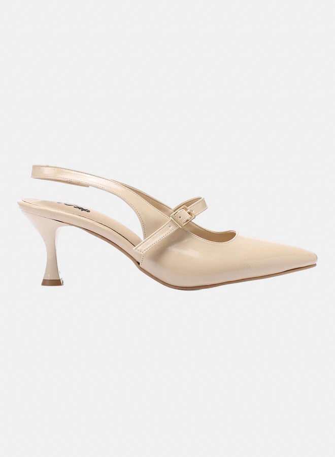 XO Style Patent Leather Buckled Block Heel Court Shoes - Beige - Image 2