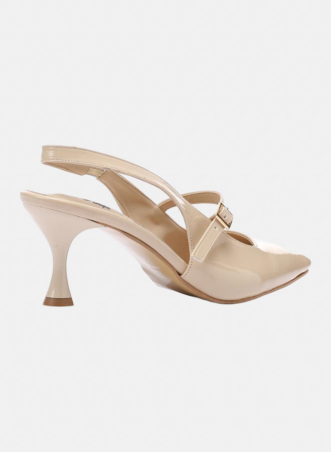 XO Style Patent Leather Buckled Block Heel Court Shoes - Beige - Image 4
