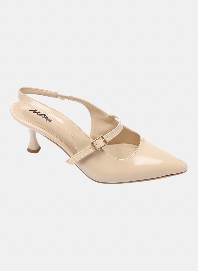XO Style Patent Leather Buckled Block Heel Court Shoes - Beige - Image 1
