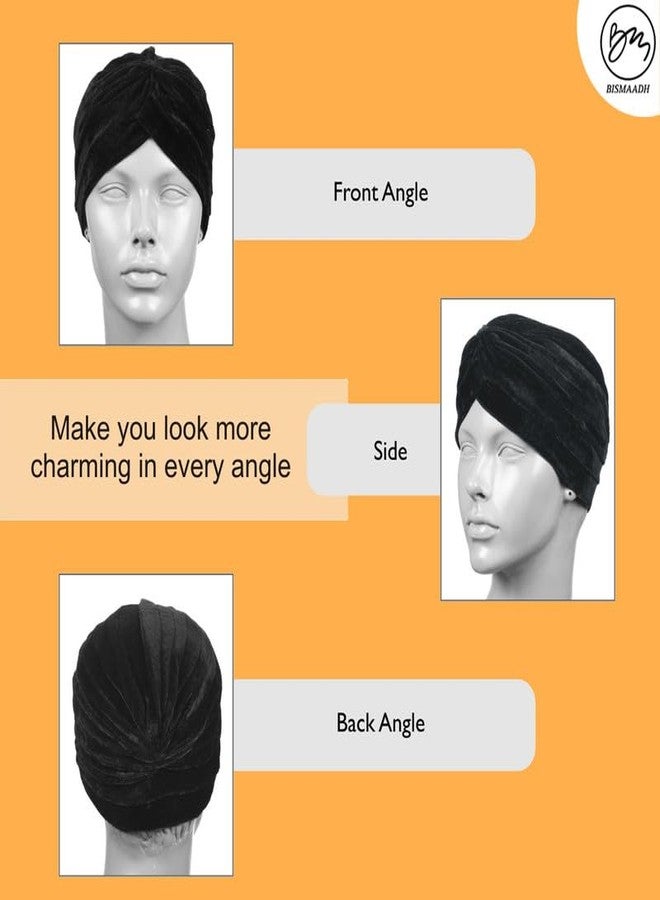 BISMAADH Women's Stretch Velvet Twist Pleasted Hair Wrap Turban Hat Cancer Chemo Beanie Cap Headwear Yellow - Image 3