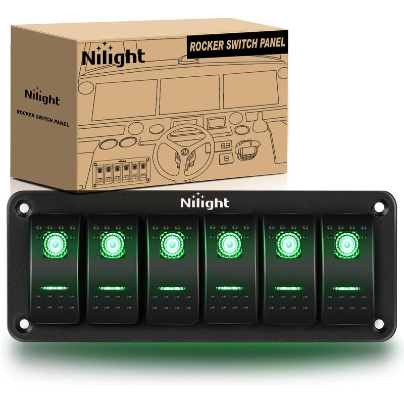 Nilight Nilight 6 Gang Rocker Switch Panel 5Pin On Off Toggle Switch Aluminum Holder 12V 24V Dash Pre-Wired Green Backlit Switches for Automotive Cars Marine Boats RVs Truck, 2 Years Warranty  - Image 1