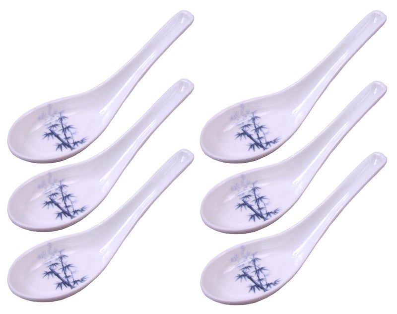 Happy Sales Melamine Soba, Rice Spoons, Asian Chinese Won Ton Soup Spoon, 6 Pack Blue Bamboo Design - Image 4