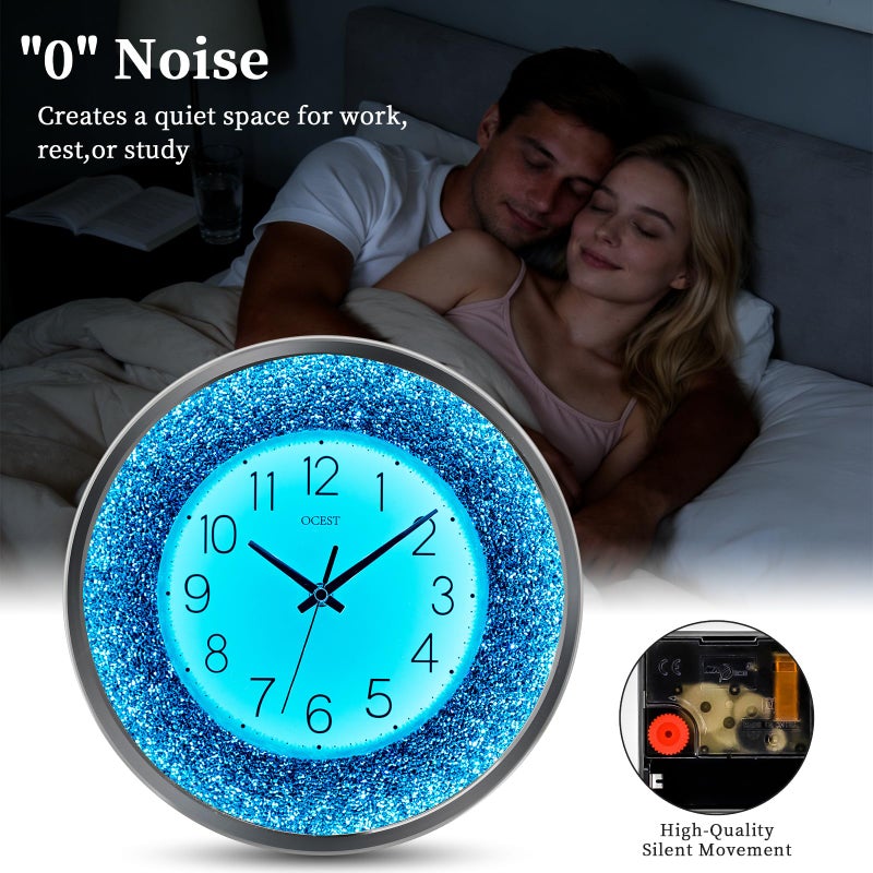 OCEST 12 Inch Wall Clocks Crushed Diamond Night Light, Silent LED Sparkle Glow in The Dark Decorative Large Display Clock for Bedroom, Living Room, Kitchen - Blue - Image 4