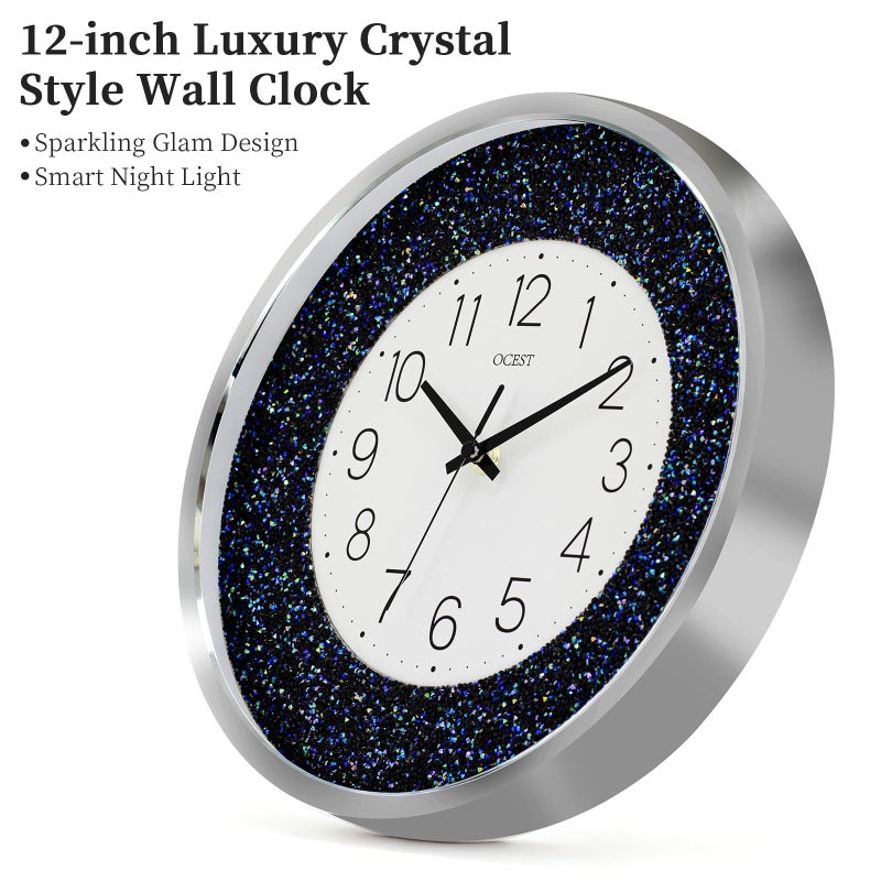 OCEST 12 Inch Wall Clocks Crushed Diamond Night Light, Silent LED Sparkle Glow in The Dark Decorative Large Display Clock for Bedroom, Living Room, Kitchen - Blue - Image 3