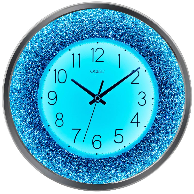 OCEST 12 Inch Wall Clocks Crushed Diamond Night Light, Silent LED Sparkle Glow in The Dark Decorative Large Display Clock for Bedroom, Living Room, Kitchen - Blue - Image 1