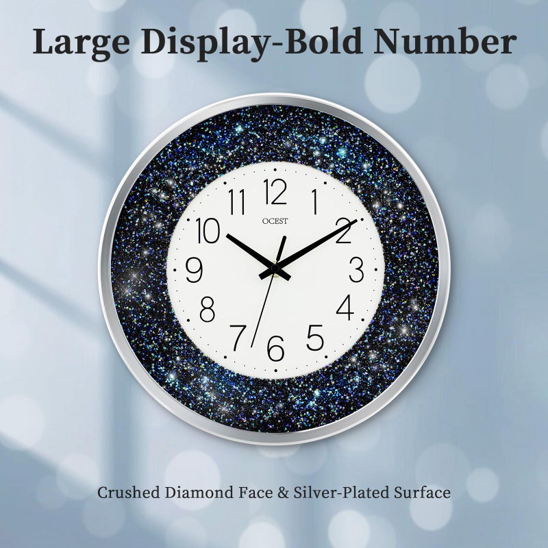 OCEST 12 Inch Wall Clocks Crushed Diamond Night Light, Silent LED Sparkle Glow in The Dark Decorative Large Display Clock for Bedroom, Living Room, Kitchen - Blue - Image 2
