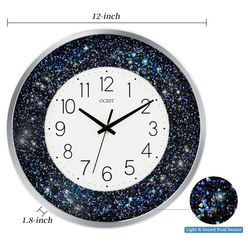 OCEST 12 Inch Wall Clocks Crushed Diamond Night Light, Silent LED Sparkle Glow in The Dark Decorative Large Display Clock for Bedroom, Living Room, Kitchen - Blue - Image 5