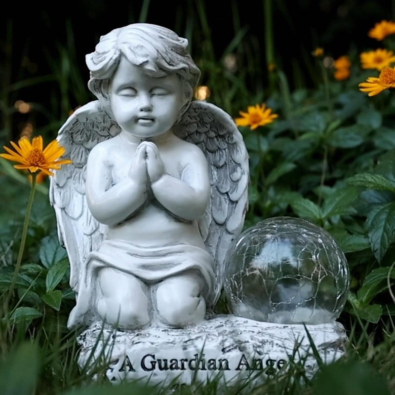 Foreby Angel Decor Praying Cherubs Statue Garden Decor with Solar Crackle Glass Globe for Lawn Patio Decorations