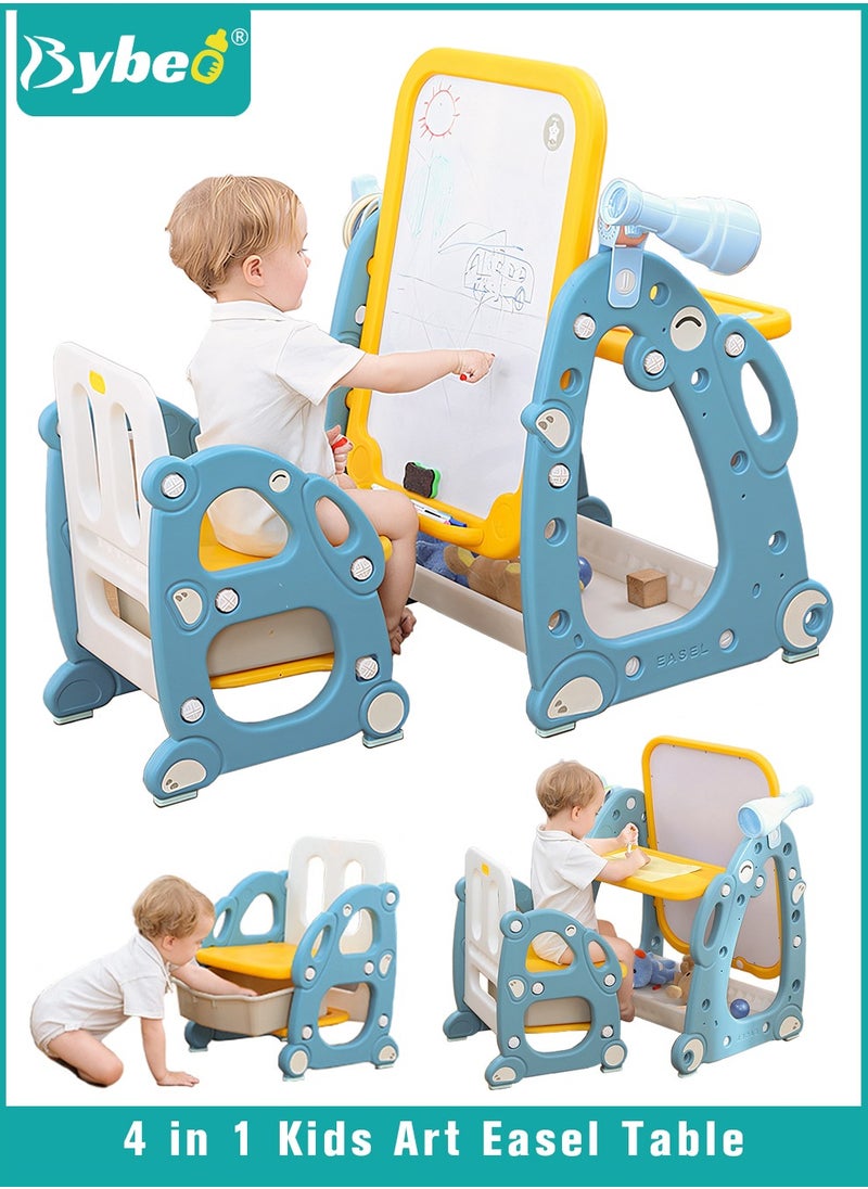 Bybeo - 4 in 1 Kids Art Easel, Kids Table and Chair Set, Toddler Study Desk and Chair with Adjustable Whiteboard, Desktop, Markers, Ring Toss, Telescope for Drawing, Writing, Playing - Image 1