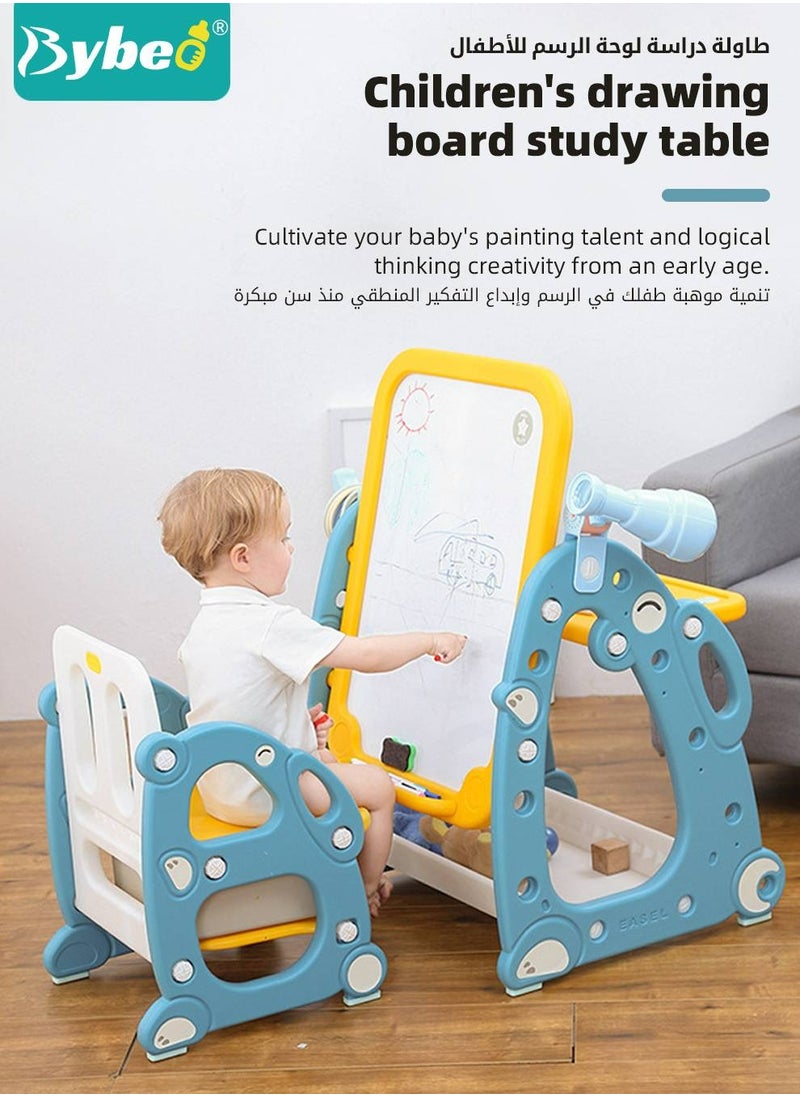 Bybeo - 4 in 1 Kids Art Easel, Kids Table and Chair Set, Toddler Study Desk and Chair with Adjustable Whiteboard, Desktop, Markers, Ring Toss, Telescope for Drawing, Writing, Playing - Image 1