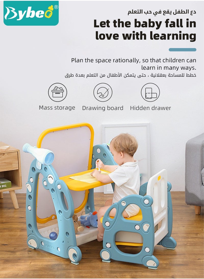 Bybeo - 4 in 1 Kids Art Easel, Kids Table and Chair Set, Toddler Study Desk and Chair with Adjustable Whiteboard, Desktop, Markers, Ring Toss, Telescope for Drawing, Writing, Playing - Image 1
