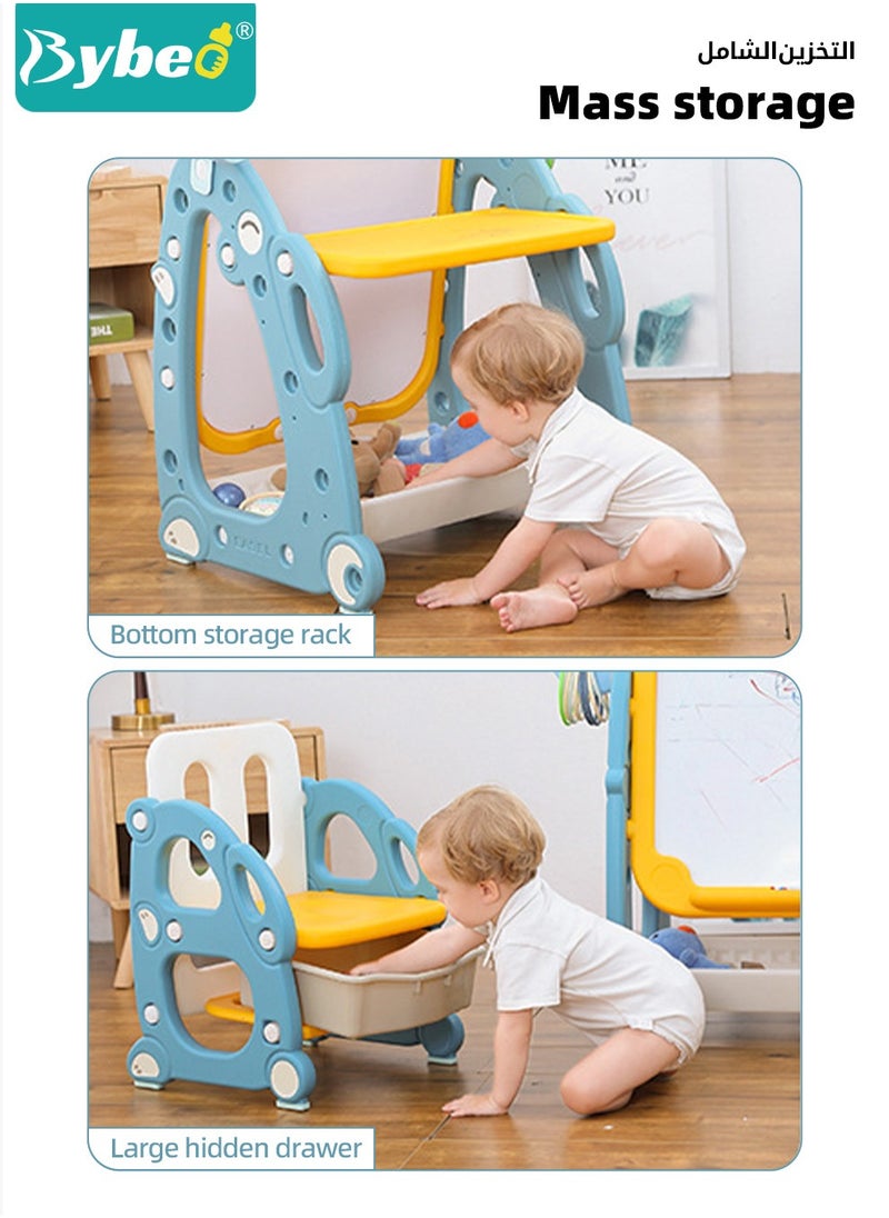 Bybeo - 4 in 1 Kids Art Easel, Kids Table and Chair Set, Toddler Study Desk and Chair with Adjustable Whiteboard, Desktop, Markers, Ring Toss, Telescope for Drawing, Writing, Playing - Image 1