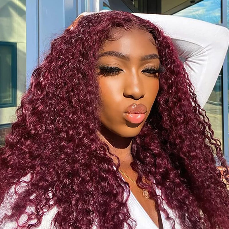 Pizazz 99J Burgundy Deep Wave Lace Front Wigs Human Hair Pre Plucked 13x4 HD Transparent Lace Frontal Wigs with Baby Hair 180 Density Human Hair Wigs for Black Women18 Inch