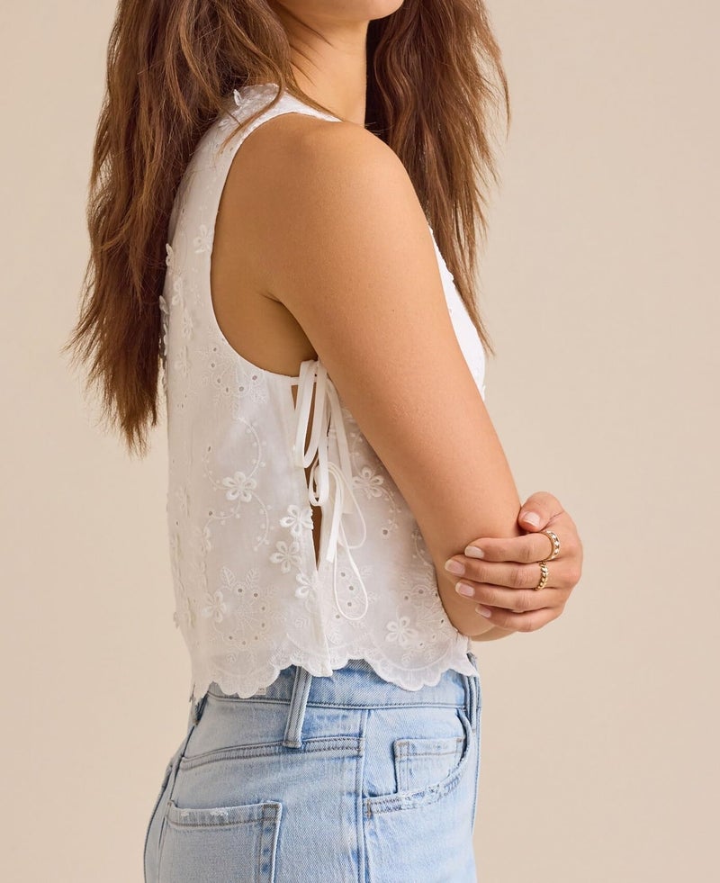 Passec Side Tie Tops for Women Y2K Cute Floral Embroidered Crop Tank Top Trendy Going Out Summer Vest Tops (A White, S) - Image 5