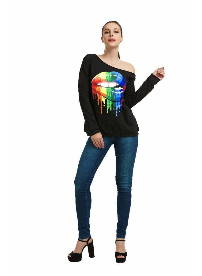 MAGICMK Woman's Sweatershirt Lips Print Causal Blouse Off The Shoulder Long Sleeve Loose Slouchy Pullover Plus Size Tops, Black+mounthoff, S - Image 4