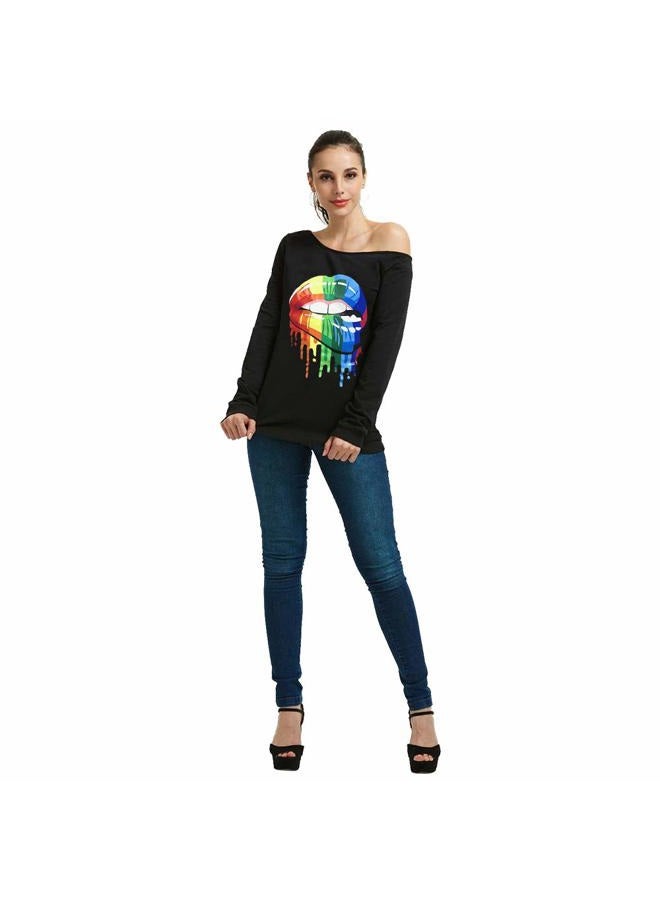 MAGICMK Woman's Sweatershirt Lips Print Causal Blouse Off The Shoulder Long Sleeve Loose Slouchy Pullover Plus Size Tops, Black+mounthoff, S - Image 5