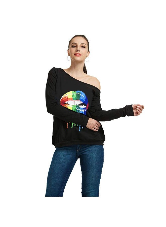 MAGICMK Woman's Sweatershirt Lips Print Causal Blouse Off The Shoulder Long Sleeve Loose Slouchy Pullover Plus Size Tops, Black+mounthoff, S - Image 3