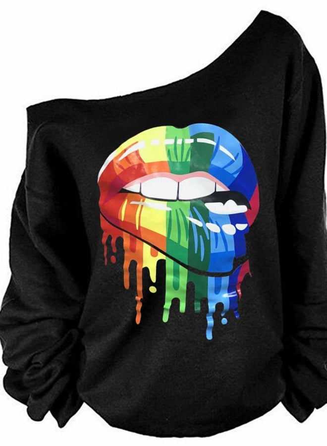 MAGICMK Woman's Sweatershirt Lips Print Causal Blouse Off The Shoulder Long Sleeve Loose Slouchy Pullover Plus Size Tops, Black+mounthoff, S - Image 1