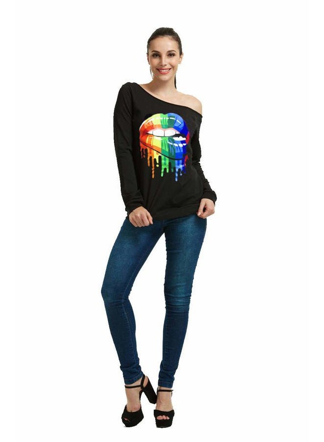 MAGICMK Woman's Sweatershirt Lips Print Causal Blouse Off The Shoulder Long Sleeve Loose Slouchy Pullover Plus Size Tops, Black+mounthoff, S - Image 2