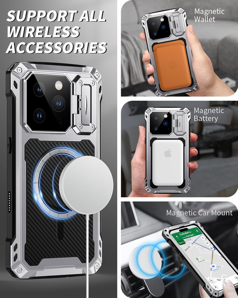 Lanhiem for iPhone 16 Pro Max Metal Case with Camera Cover & Stand [Compatible with MagSafe] [Built-in Kickstand] [Military-Grade Protection] Heavy Duty Rugged Magnetic Phone Case (Silver) - Image 2
