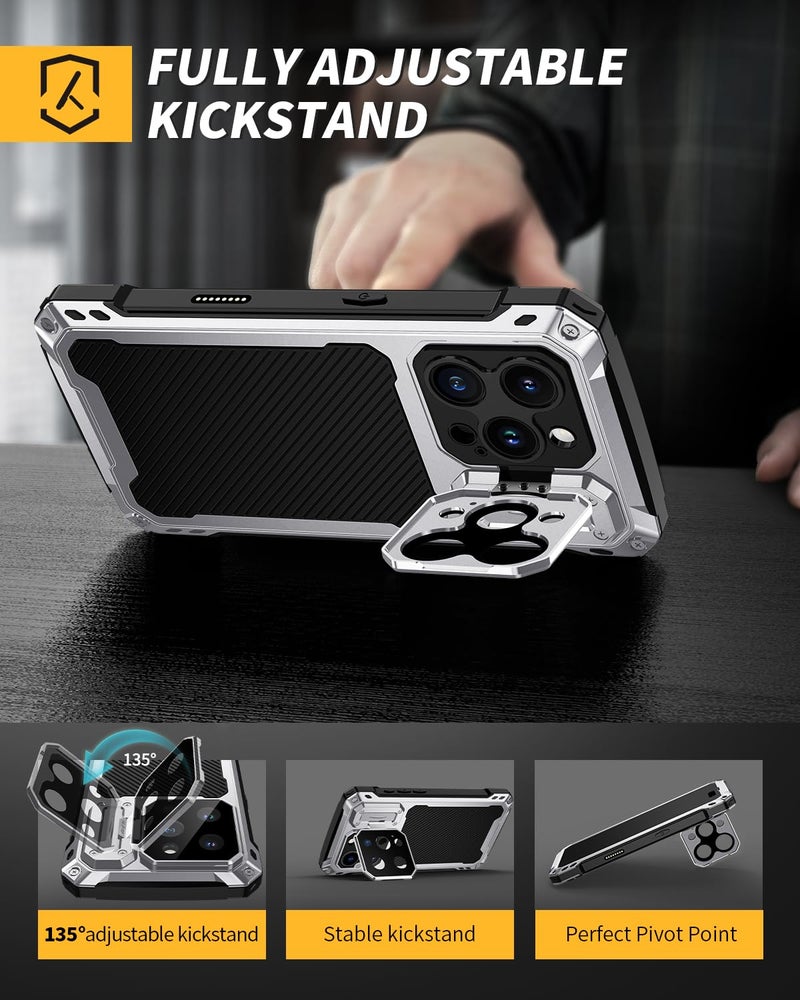Lanhiem for iPhone 16 Pro Max Metal Case with Camera Cover & Stand [Compatible with MagSafe] [Built-in Kickstand] [Military-Grade Protection] Heavy Duty Rugged Magnetic Phone Case (Silver) - Image 3