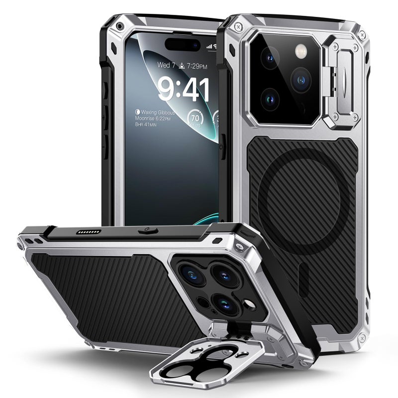 Lanhiem for iPhone 16 Pro Max Metal Case with Camera Cover & Stand [Compatible with MagSafe] [Built-in Kickstand] [Military-Grade Protection] Heavy Duty Rugged Magnetic Phone Case (Silver) - Image 1