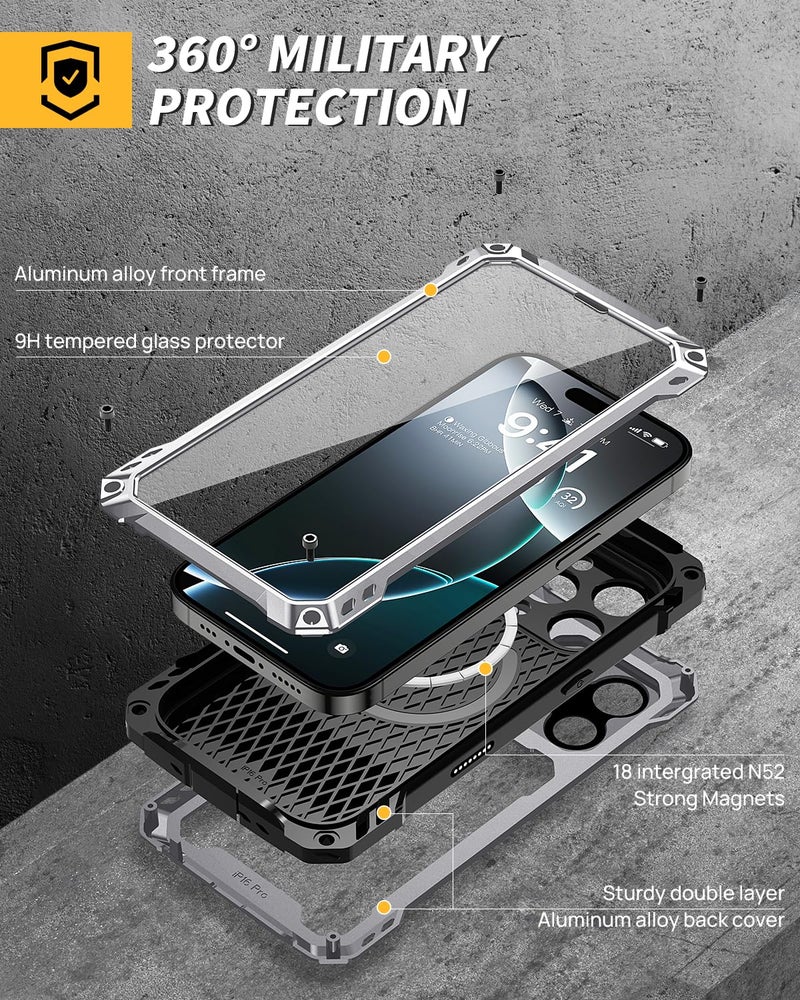 Lanhiem for iPhone 16 Pro Max Metal Case with Camera Cover & Stand [Compatible with MagSafe] [Built-in Kickstand] [Military-Grade Protection] Heavy Duty Rugged Magnetic Phone Case (Silver) - Image 4