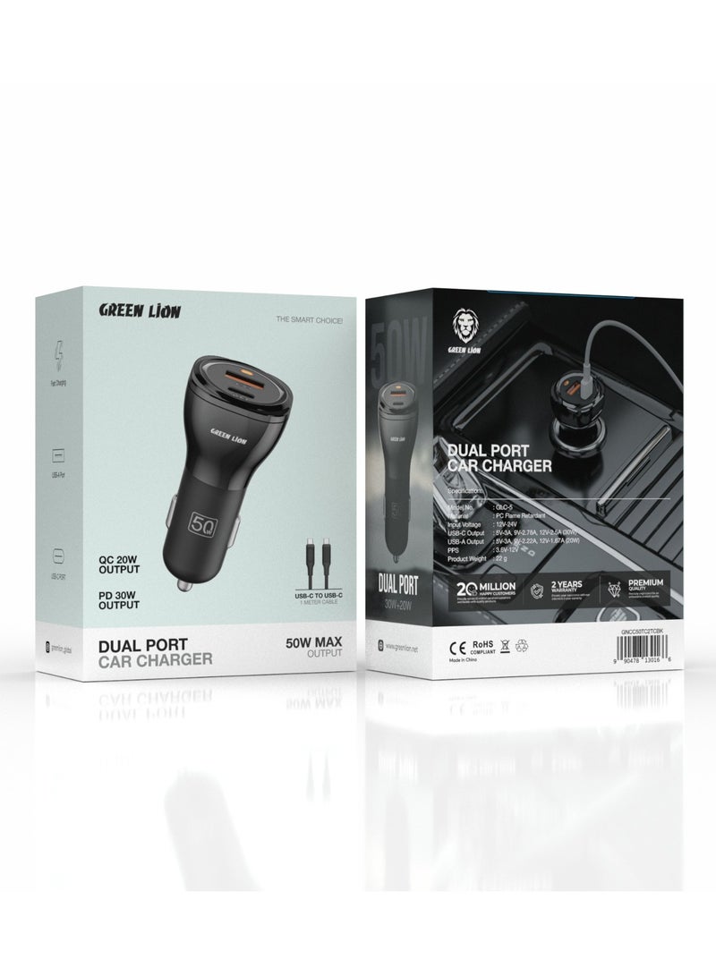 GREEN LION 50W Dual Port QC 20W Car Charger PD 30W with USB-C to USB-C Cable 1M/ USB-A & USB-C / Fast Charging / PC Flame Retardant Material - Black - Image 4