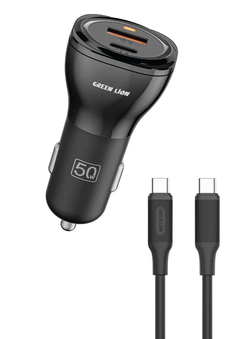 GREEN LION 50W Dual Port QC 20W Car Charger PD 30W with USB-C to USB-C Cable 1M/ USB-A & USB-C / Fast Charging / PC Flame Retardant Material - Black - Image 1