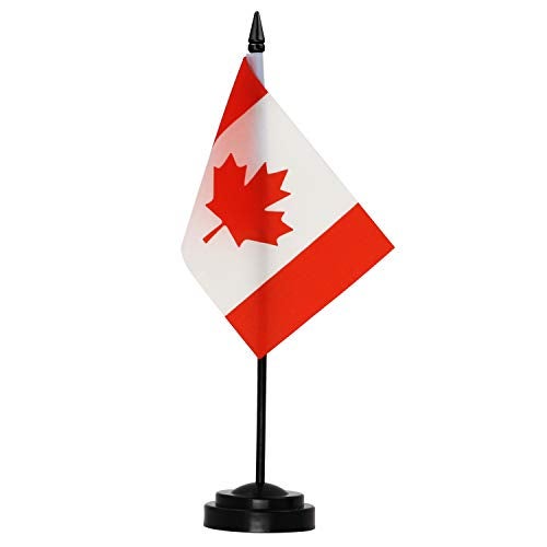 Anley Canada Deluxe Desk Flag Set 6 x 4 Inch Miniature Canadian Desktop Flag with 12 Solid Pole Vivid Color and Fade Resistant Black Base and Spear Top - Image 1