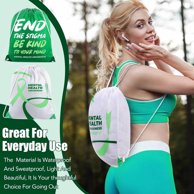 Kacctyen Kacctyen 12 Pcs Mental Health Drawstring Backpacks Stigma Cinch Bags Sport Gym Drawstring Bags Polyester Sack Pack Cinch Tote for Mental Health Awareness Gifts Green White  - Image 5