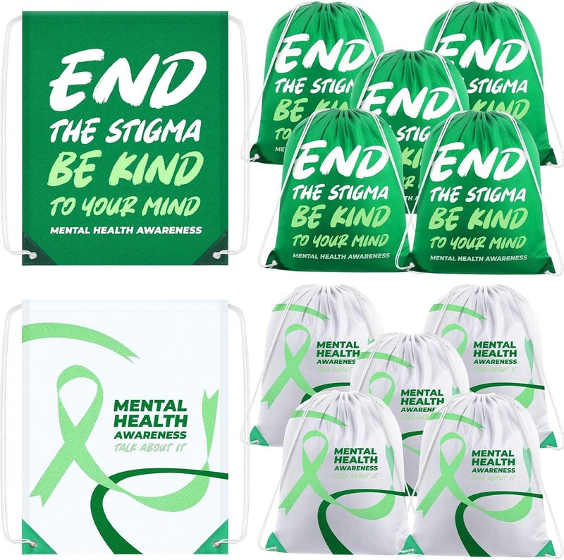 Kacctyen Kacctyen 12 Pcs Mental Health Drawstring Backpacks Stigma Cinch Bags Sport Gym Drawstring Bags Polyester Sack Pack Cinch Tote for Mental Health Awareness Gifts Green White  - Image 1