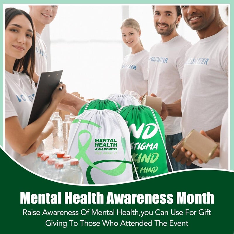 Kacctyen Kacctyen 12 Pcs Mental Health Drawstring Backpacks Stigma Cinch Bags Sport Gym Drawstring Bags Polyester Sack Pack Cinch Tote for Mental Health Awareness Gifts Green White  - Image 2
