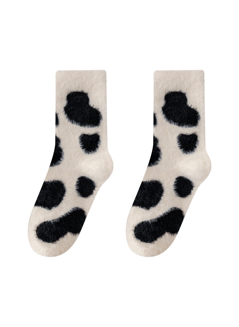 Generic - Womens Autumn/winter Fleece-lined Thickened Cute Mid-calf Socks Warm Home Use Water Fox Fur Long Tube Socks White spots - Image 1