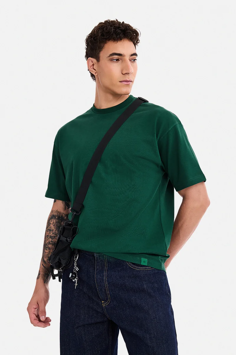 SNITCH Dark Green Solid Half Sleeve Oversized T-Shirt
