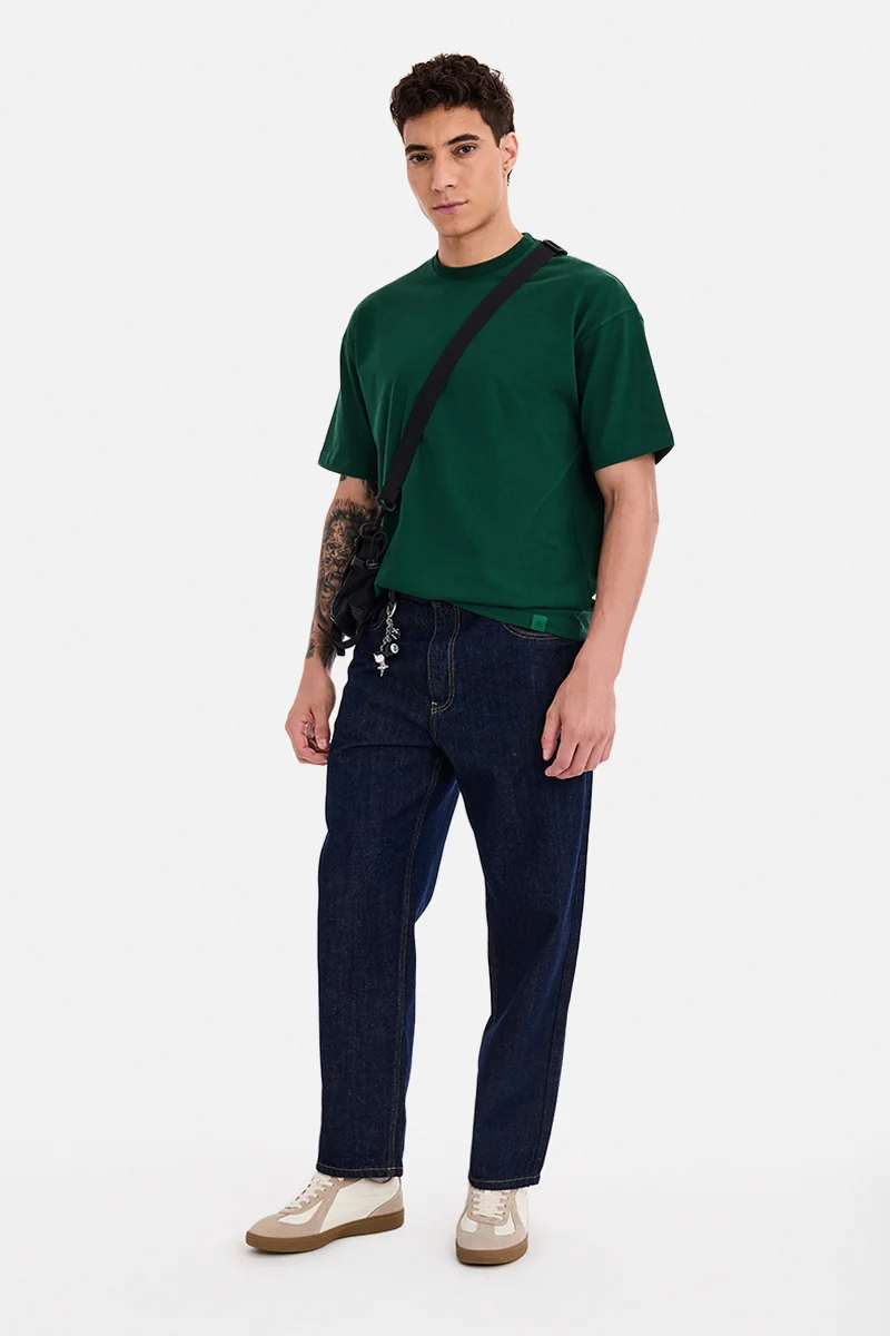 SNITCH Dark Green Solid Half Sleeve Oversized T-Shirt