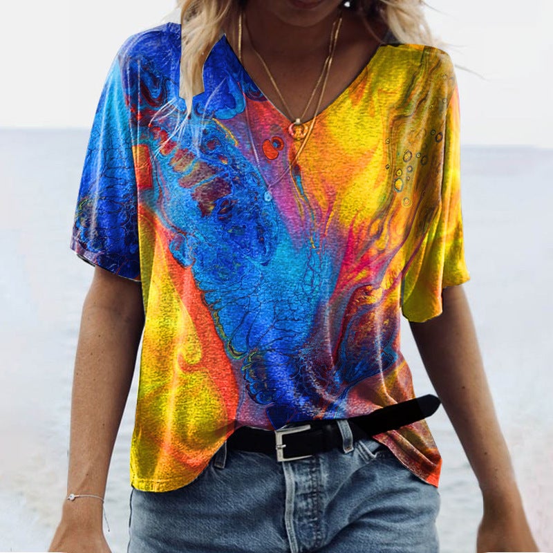2021 AliExpress European and American street fashion spring and summer new women's top rose print V-neck short-sleeved T-shirt NSYL009 XXXL - Image 1